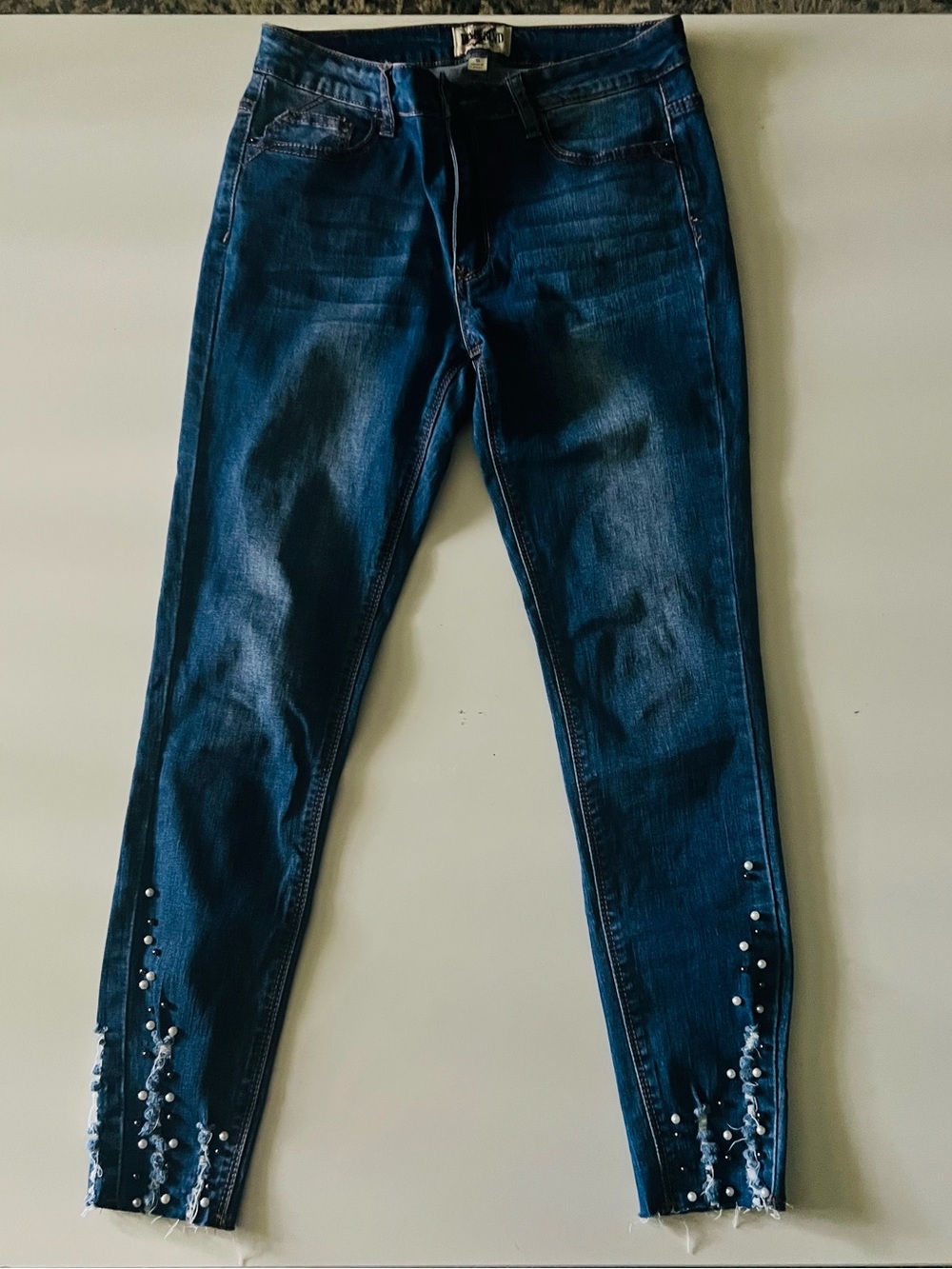 Pearl-Embellished Dark Blue Skinny Jeans
